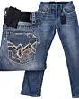 Jeans azul claro con corte moderno y bordado geométrico audaz en los bolsillos traseros para hombre, Montero 4623.
