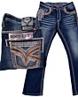 Lamasini 12101 men’s dark blue bootcut jeans with contrast stitching and detailed embroidered back pockets.