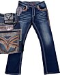 Lamasini 12101 men’s dark blue bootcut jeans with contrast stitching and detailed embroidered back pockets.