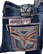 Close-up of embroidered back pockets on Lamasini 12101 dark blue bootcut jeans, showcasing intricate stitching and Western-style details.