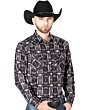 Man wearing a black Western shirt with white and red Southwestern tribal print and a black cowboy hat.