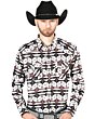 Man wearing a black and white long sleeve Western shirt with bold Sonoran Desert geometric patterns and a black cowboy hat.