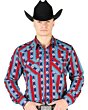 Man wearing a blue and red Western shirt with a striped Southwestern design and a black cowboy hat.