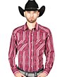 Man wearing a burgundy Western shirt with striped Southwestern design and a black cowboy hat.