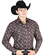 Man wearing a black Western shirt with cowboy boot print and a black cowboy hat.