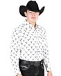 Man wearing a white Western shirt with longhorn skull pattern and a black cowboy hat.