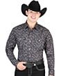 Man wearing a black Western shirt with longhorn skull print and a black cowboy hat.