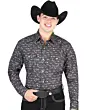 Man wearing a black Western shirt with longhorn skull print and a black cowboy hat.