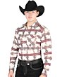 Man wearing a brown Western shirt with rustic patterns and snap buttons, styled with a black cowboy hat.