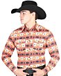 Man wearing an orange Western shirt with Southwestern buffalo patterns and a black cowboy hat.