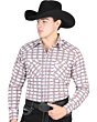 Man wearing a khaki Western shirt with diamond patterns and a black cowboy hat.