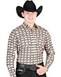 Man wearing a brick-colored Western shirt with a black galloping horse pattern and a black cowboy hat.