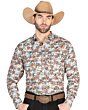 Hombre con camisa Western café, estampado floral rústico y una Texana beige.