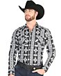 Man wearing a black Western shirt with bold tribal patterns and a black cowboy hat.