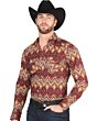 Man in a burgundy Western shirt with intricate geometric patterns, wearing a black cowboy hat.