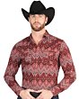 Man wearing a burgundy cowboy shirt with striking Southwestern-inspired patterns and a black cowboy hat.