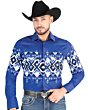 Man wearing a blue Western shirt with bold geometric patterns and snap-button closure, matching boys’ version available.