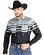 Man wearing a gray and black tribal Western shirt with snap buttons and matching boys’ version available.
