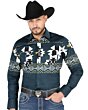 Man wearing a teal Western shirt with bold geometric patterns and snap-button closure, perfect for Western fashion enthusiasts.