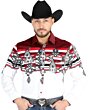Man wearing a burgundy and white tribal Western shirt with bold patterns and snap-button closure, matching boys’ version available.
