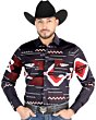 Man wearing a black and burgundy Western shirt with bold geometric patterns and snap-button closure, perfect for a modern cowboy look.