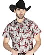 Man wearing a gray short-sleeve Western shirt with bold geometric patterns and snap-button closure, perfect for casual cowboy fashion.