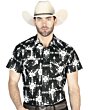 Man wearing a black short-sleeve Western shirt featuring intricate tribal-inspired geometric patterns in black and white with snap-button closure.