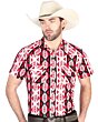 Man wearing a burgundy short-sleeve Western shirt with bold geometric patterns in red, white, and black, featuring snap-button closure for a modern cowboy look.