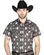 Man wearing a black short-sleeve Western shirt with an ikat-inspired geometric pattern and snap-button closure, perfect for summer cowboy style.