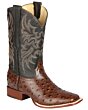 Ostrich print brown boots with bulldog toe and leather outsole.