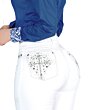 Back view of Danesi D821 white jeans showcasing rhinestone cross pocket detailing.