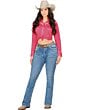 A full-body image of a model wearing Danesi D837 Light Blue Boot Cut jeans with embroidered back pockets and a Western-style top.