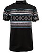 Lamasini 28219 men’s black polo shirt with Aztec print in gray, white, and turquoise, featuring a contrast collar.