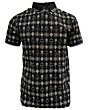 Lamasini 28221 men’s black polo with an all-over geometric print in soft pastel tones and a classic ribbed collar.