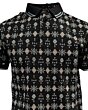 Detailed close-up of the geometric print on the Lamasini 28221 black polo, showcasing its intricate Southwestern design with pastel highlights.