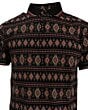 Zoomed-in view of the Lamasini 28222 black polo’s Western geometric print, showcasing its rich burgundy, beige, and gold details.