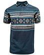 Lamasini 28219 men’s navy blue polo shirt with beige and turquoise Aztec print and contrast collar.
