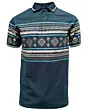 Lamasini 28219 men’s navy blue polo shirt with beige and turquoise Aztec print and contrast collar.