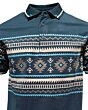 Close-up of the intricate Aztec-inspired design on the Lamasini 28219 navy polo shirt, highlighting beige and turquoise geometric patterns.