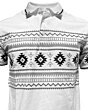 Close-up of the intricate Aztec-inspired design on the Lamasini 28219 white polo shirt, highlighting the black and gray geometric patterns.