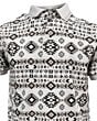 Close-up of the Aztec print on the Lamasini 28220 white polo shirt, highlighting the intricate brown and black geometric details.