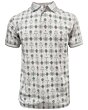 Lamasini 28221 men’s white polo with a soft-toned Southwestern geometric print and ribbed collar.