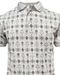 Detailed view of the subtle Southwestern geometric print on the Lamasini 28221 white polo, highlighting its intricate design.