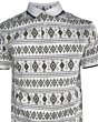 Detailed view of the Western geometric print on the Lamasini 28222 white polo, highlighting its intricate black and beige accents.