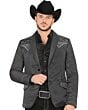 Montero 2181 Charcoal blazer, featuring intricate embroidery on the shoulders and pockets, modeled by a man wearing a black cowboy hat and shirt.