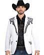 Image of a man wearing a white embroidered blazer with a black shirt.