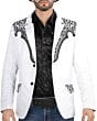 Men's white blazer with black embroidery, front view.