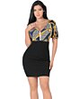 Model wearing a V-neckline navy and black print dress with gold accents, fitted black skirt, and 3/4 sleeves.