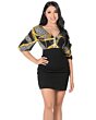 Model wearing a black dress with a gold geometric pattern top, front view.
