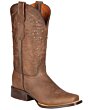 El General 44853 women's cowgirl boots in brown Alazan leather with Rodeo toe, leather outsole, and elegant Western embroidery.